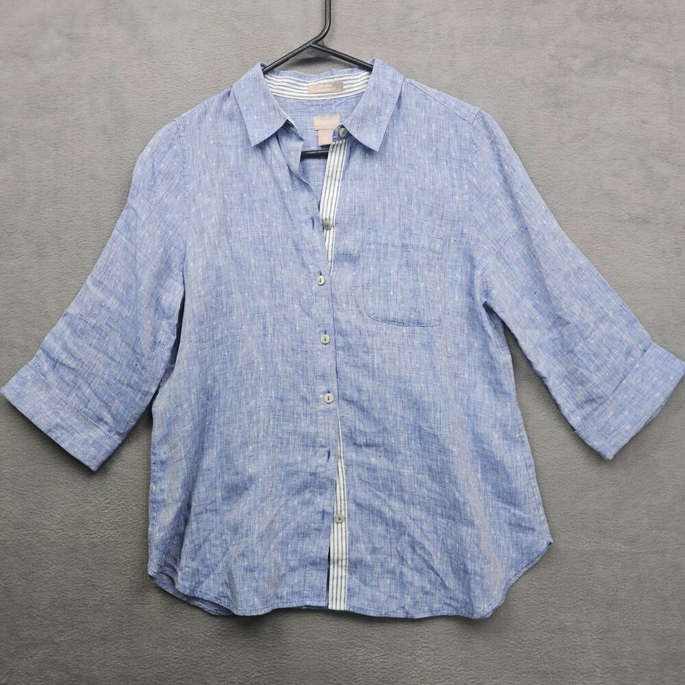 Chico’s Coastal 100% Linen Button Front Shirt Blue No Iron Size 0